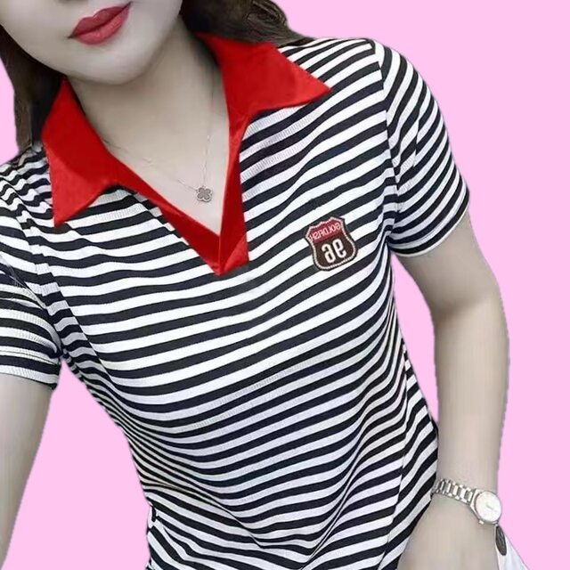 Lapel POLO shirt summer short-sleeved T-shirt for women 2025 new clothes loose large size T-shirt large size middle-aged shirt

