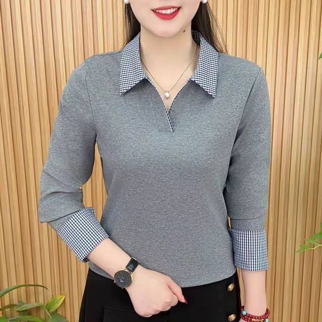 2025 spring fashionable and fashionable large-size T-shirt new product simple lapel contrasting color versatile slim mother top
