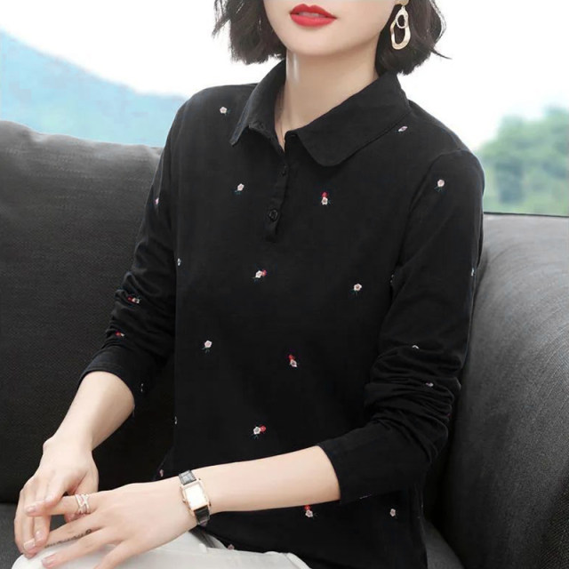 Polo shirt long -sleeved T -shirt women loose large size Mom dress spring 2024 new sports shirt, thin top bottom shirt
