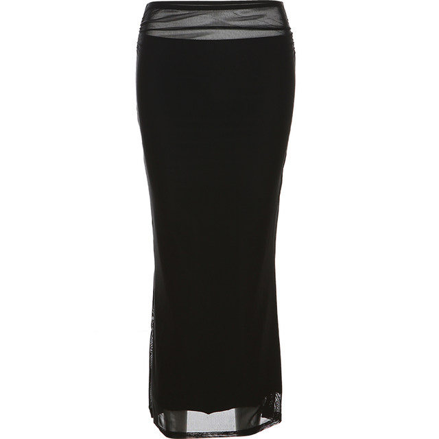 KLIOU Hong Kong style retro black mesh stitching high waist skirt women's slim slim straight hip-covering long skirt summer