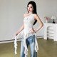 KLIOU sweet and salty retro letters ironing diagonal shoulder vest for women with ruffle ribbons to make them look slim hot girl top summer