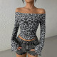 Shemoda European and American style sexy double-layer mesh leopard print one-length neck long-sleeved T-shirt women's slim short top