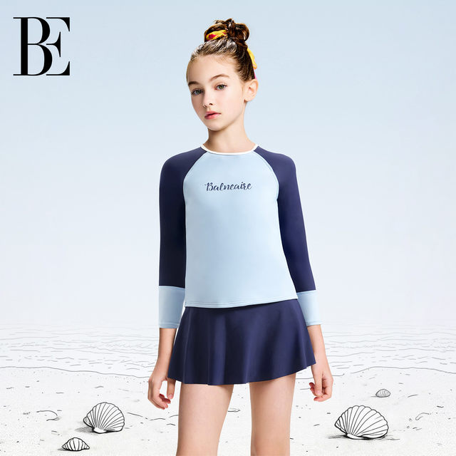 BE van De'an Joint Children's Swimsuit Split Skirt Sunscreen Girl Long Sleeve Fashion Spliced ​​Hot Spring Vacation Swimsuit

