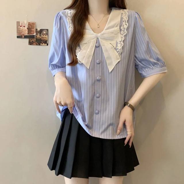 French bow striped short-sleeved shirt for women in summer large size fat mm slimming and high-end high-end doll collar top