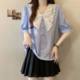 French bow striped short-sleeved shirt for women in summer large size fat mm slimming and high-end high-end doll collar top
