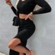 Split long skirt two-piece set for women top long sleeve long skirt two-piece set for women