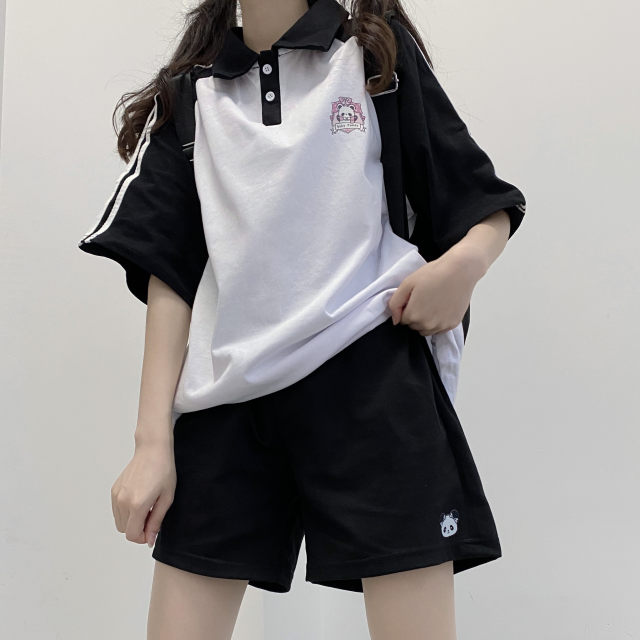 Original energetic girl's daily jk summer loose color-blocked shoulder-length sleeve lapel POLO shirt top T-shirt
