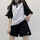 Original energetic girl's daily jk summer loose color-blocked shoulder-length sleeve lapel POLO shirt top T-shirt
