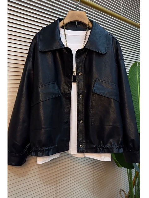 Fat mm Spring and Autumn New Fashion PU Leather Jacket Large Size Women's Loose Slim and Reduce Age Long Sleeve Leather Jacket Top