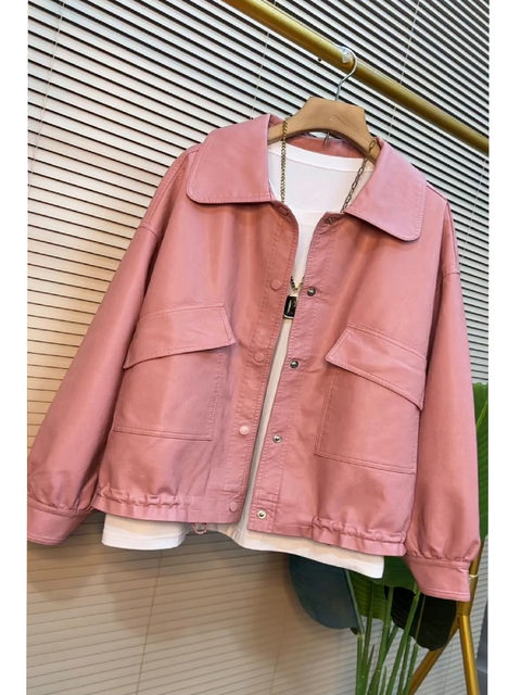 Fat mm Spring and Autumn New Fashion PU Leather Jacket Large Size Women's Loose Slim and Reduce Age Long Sleeve Leather Jacket Top