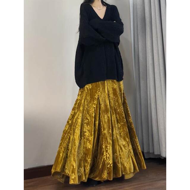 Reading garment technique gold printed skirt Chinese style old money style velvet skirt irregular gold velvet fishtail skirt