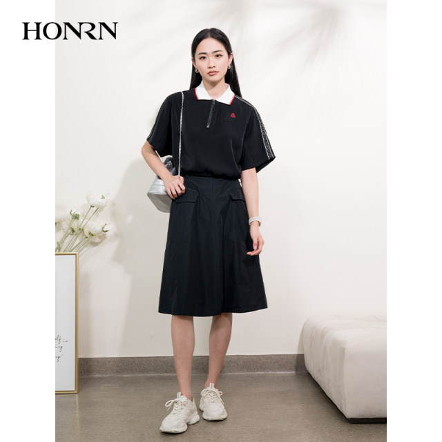 HONRN/Red Casual Black Double Pocket Belt A-line Skirt Skirt Women's Spring and Autumn Medium-length HI11OQ252