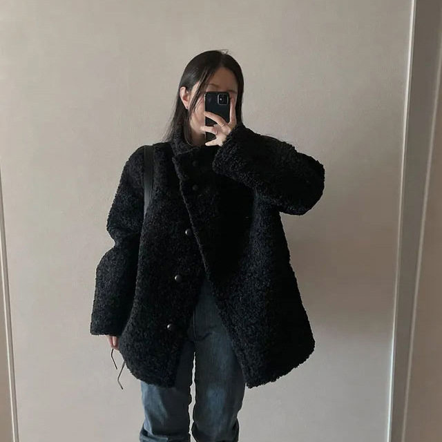 
New real shot winter Korean style lazy thickened imitation sheepskin fur all-in-one warm fur jacket for women