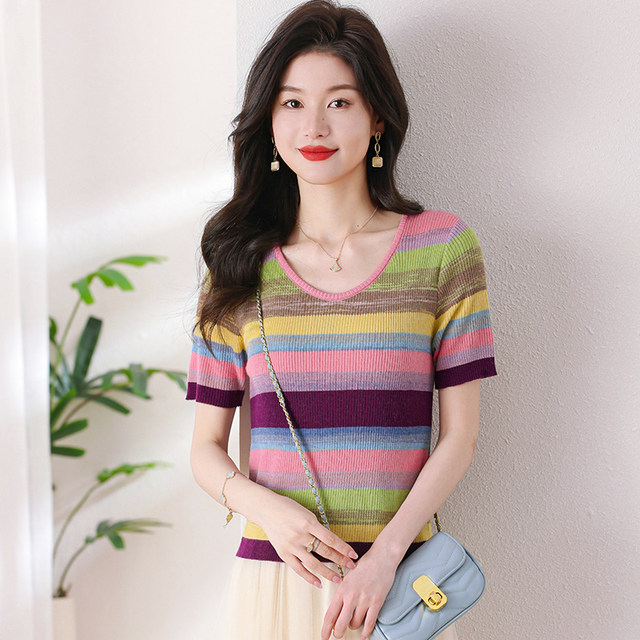 Ice silk short-sleeved sweater for women in summer fat mm large size V-neck shoulder T-shirt slim and slim rainbow striped top trendy