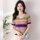 Ice silk short-sleeved sweater for women in summer fat mm large size V-neck shoulder T-shirt slim and slim rainbow striped top trendy