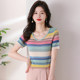 Ice silk short-sleeved sweater for women in summer fat mm large size V-neck shoulder T-shirt slim and slim rainbow striped top trendy