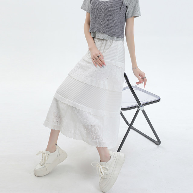 White lace spliced ​​hook cake skirt for women 2025 spring and summer new high-waisted A-line puffy skirt