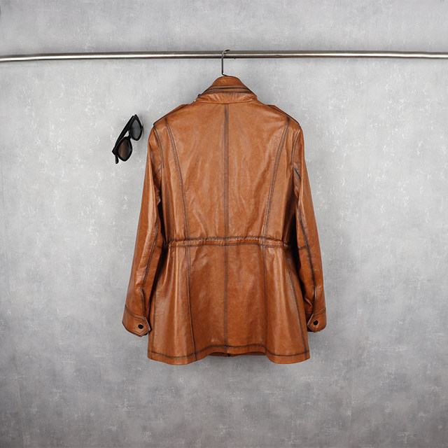 Autumn and winter popular genuine leather jacket for women, mid-length retro distressed Korean style work jacket, large size motorcycle leather jacket