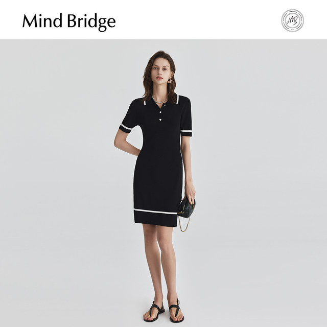 Mind Bridge Summer Elegant Short Sleeve Contrast Skirt Women's Slim Knitted Short Skirt Polo Collar Dress