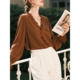 Maillard Brown Earrings V-neck Shirt Women's Autumn 2025 New Long Sleeve Shirt French Bourgeois Top