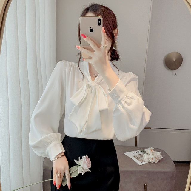 French bow satin shirt for women in spring and autumn new style mature style streamer shirt high-end light luxury top