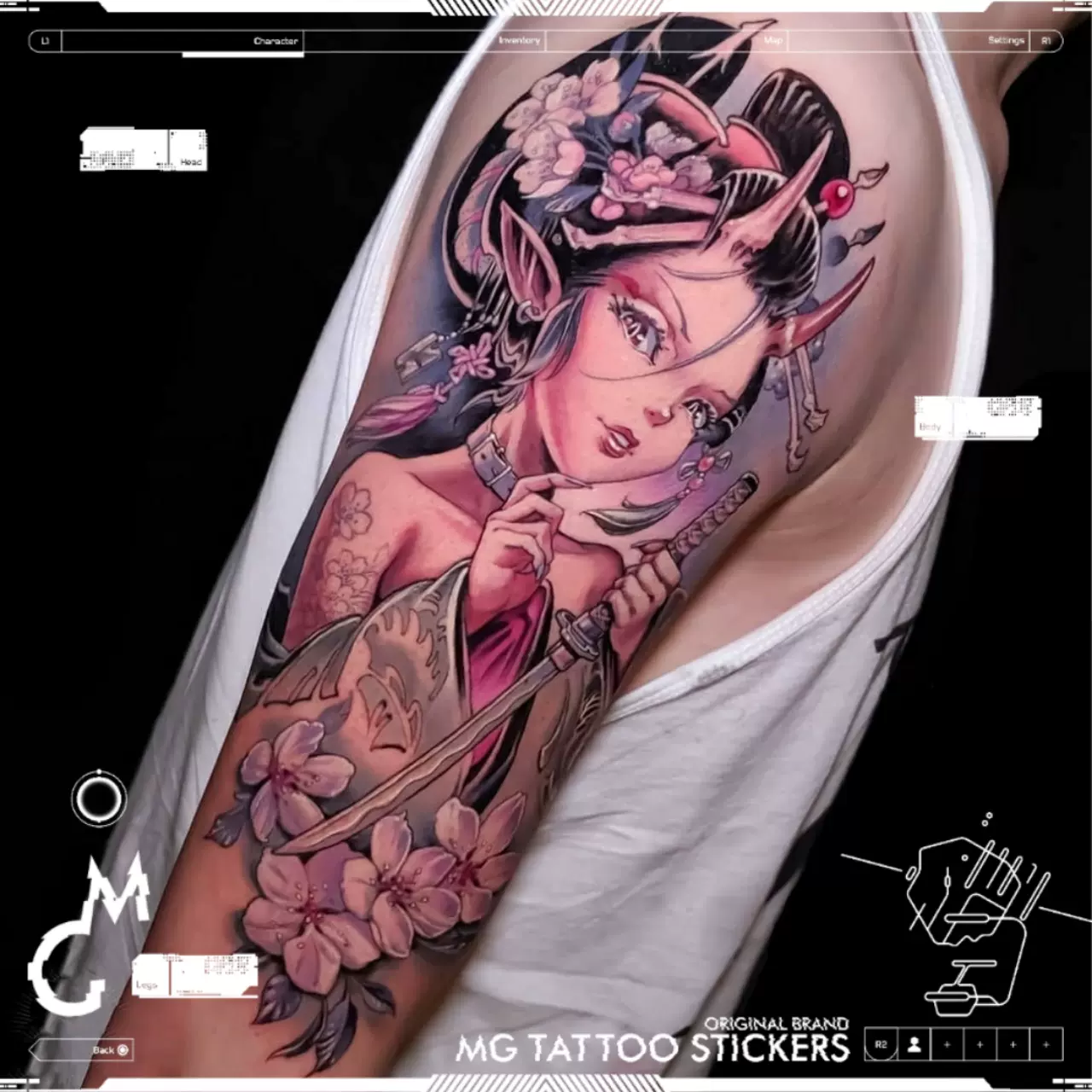 Mg Tattoo 狐狸花魁艺伎日式灵狐忍者图案花臂少女纹身贴纸