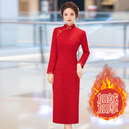 Red New Year Cheongsam Winter Flocked Married Girl Back Home Sister Party Walk Show Annual Ceremonial Award Ceremony