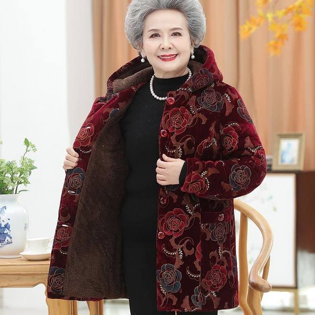 
Middle-aged and elderly women's winter clothing plus velvet and thickening hooded mid-length cotton-padded jacket 6070 80-year-old wife warm cotton coat