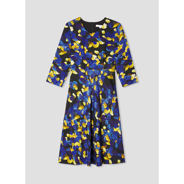 lkbennett temperament oil painting printed dress autumn and winter style new product seven-quarter sleeve round neck waist mid-style style