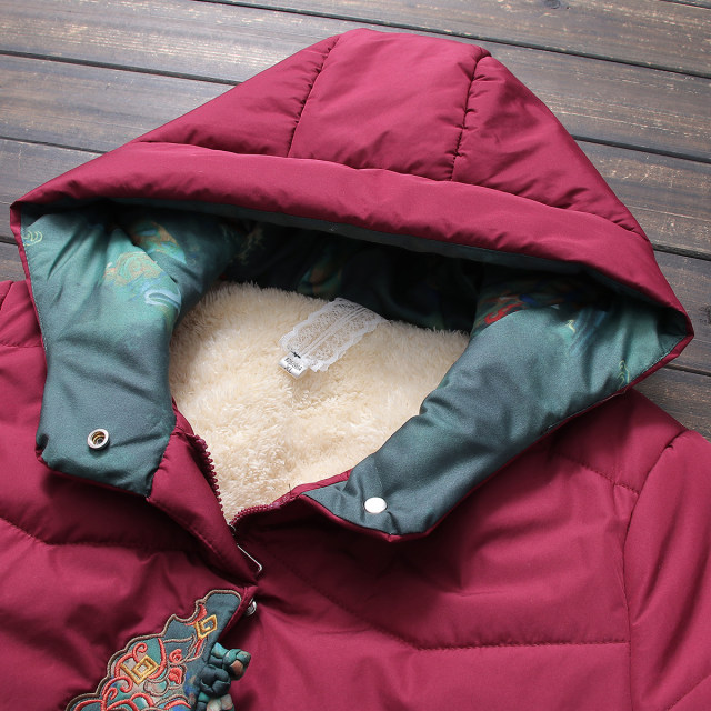 Grandma's winter down jacket for middle-aged and elderly women, plus velvet and thickened coat, mother's hooded embroidered old lady's cotton-padded jacket