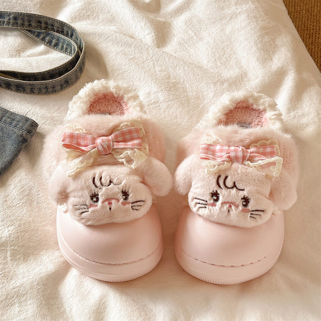 Girly Heart Cute Cat Furry Slippers Women's Winter Indoor Home Thick Soled Plus Velvet Warm Anti-Slip Cotton Slippers