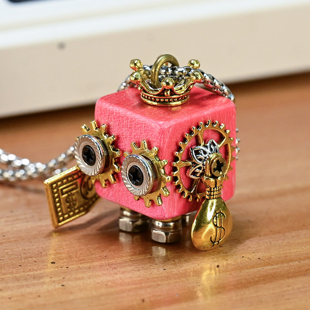 
Steampunk robot necklace bag key pendant ornament wooden handmade cute cartoon couple small gift