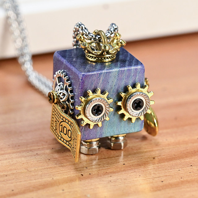 
Steampunk robot necklace bag key pendant ornament wooden handmade cute cartoon couple small gift