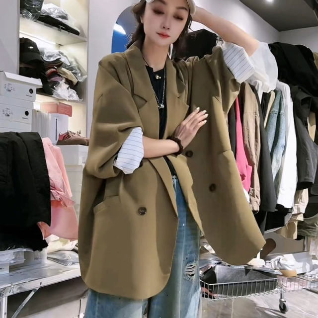 European-style casual suit jacket for women in spring and autumn 2025 new loose and fashionable mid-length double-breasted suit