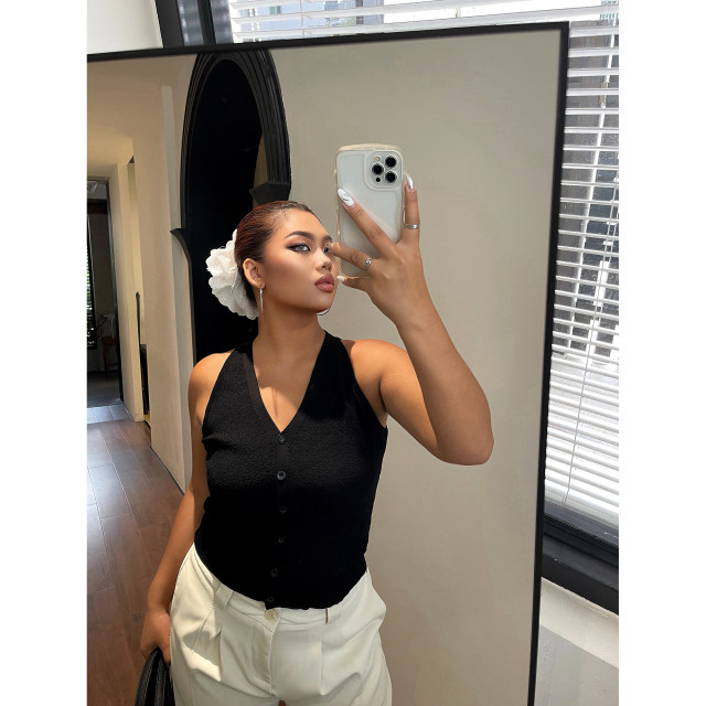 Brother Nan's slightly fat design black shirt for women with large size stretch slim fit fat mm vest suspender vest top