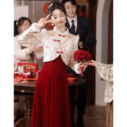 Cheongsam toast Bride 2023 new haute couture Chinese wedding dress wine red suit back door