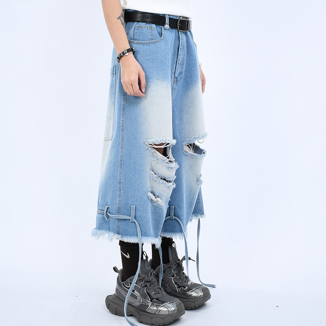 OV original summer high street American style ripped wool jeans loose straps for men and women design cropped pants