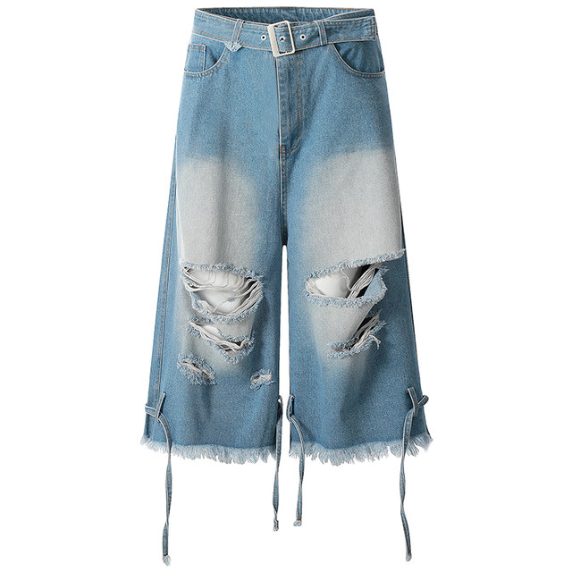 OV original summer high street American style ripped wool jeans loose straps for men and women design cropped pants