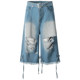OV original summer high street American style ripped wool jeans loose straps for men and women design cropped pants