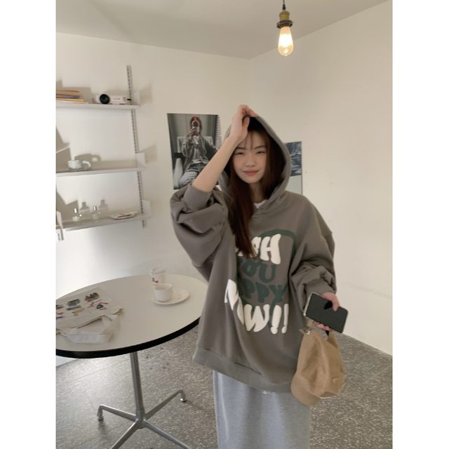 American style plush velvet thickened hooded couple sweatshirt coat for women in autumn and winter Korean lazy style loose slim hoodie top