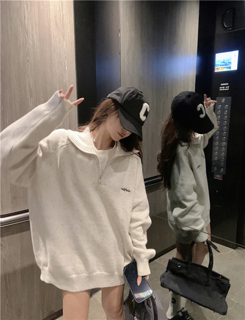 Niche design high-end semi-zipper lazy style sweater for women in autumn and winter loose retro soft Korean knitted top