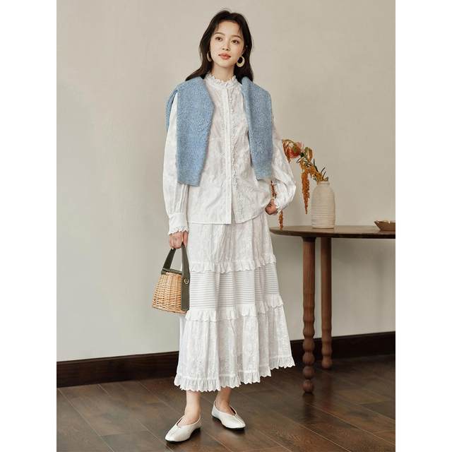 Inman French retro skirt for women 2025 spring new elastic high waist A-line white cake umbrella skirt