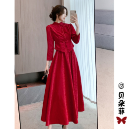 New Chinese National Style Flag Robe Dress Woman Autumn and Winter 2024 New Celebration Wedding Dress Red Toast Suit