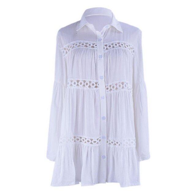 Cotton refreshing white dress stand collar hollow deep V flared sleeve shirt beach vacation bikini over shirt