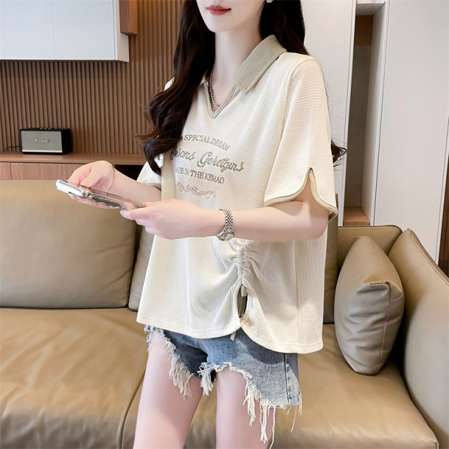 Ringling POLO shirt short -sleeved T -shirt women's summer Korean version loose large size women's contrasting color irregular split shirt
