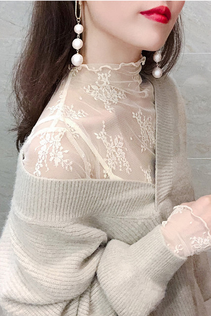 Large size lace base shirt fat mm women's autumn and winter long-sleeved sexy inner wear 200 Jin [Jin equals 0.5 kg] Half turtleneck mesh underwear
