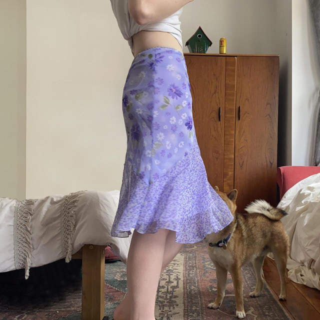 SWEETOWN Purple Flowers #Gentle Sweet Floral Spliced ​​Mid-Long Skirt French Pastoral Vacation Slim Skirt
