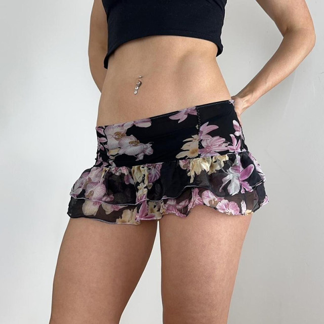 SWEETOWN Retro Floral High Saturation Print Mesh Short Skirt Sweet Hot Girls Floral Mini Cake Skirt Summer