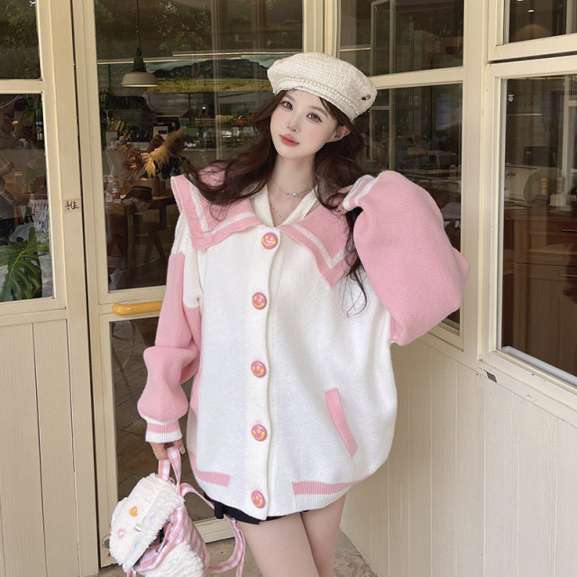 ISTYNI official store color block college style knitted jacket sweet navy collar top for women new autumn style