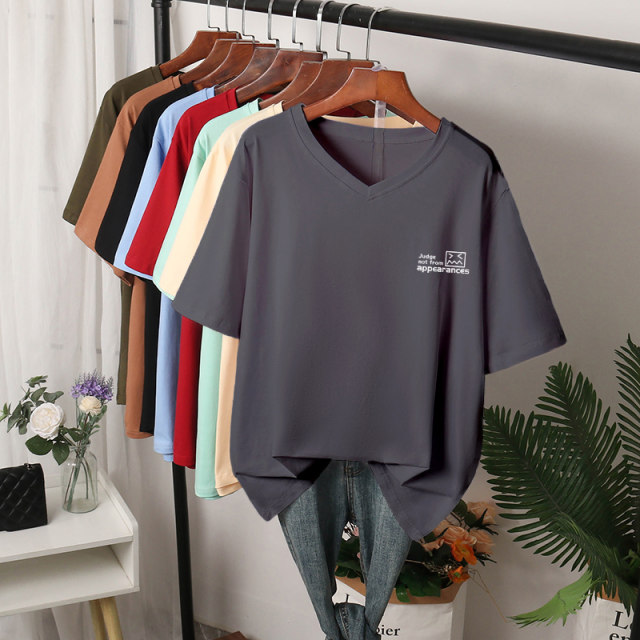 Pure cotton front shoulder short-sleeved T-shirt for women 2025 new summer large size loose niche military green couple outfit V-neck top